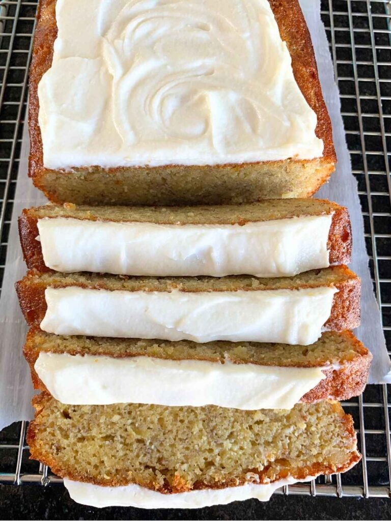 keto banana bread loaf sliced into pieves