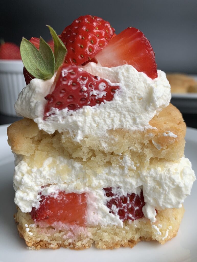 keto strawberry shortcake with bite taken out