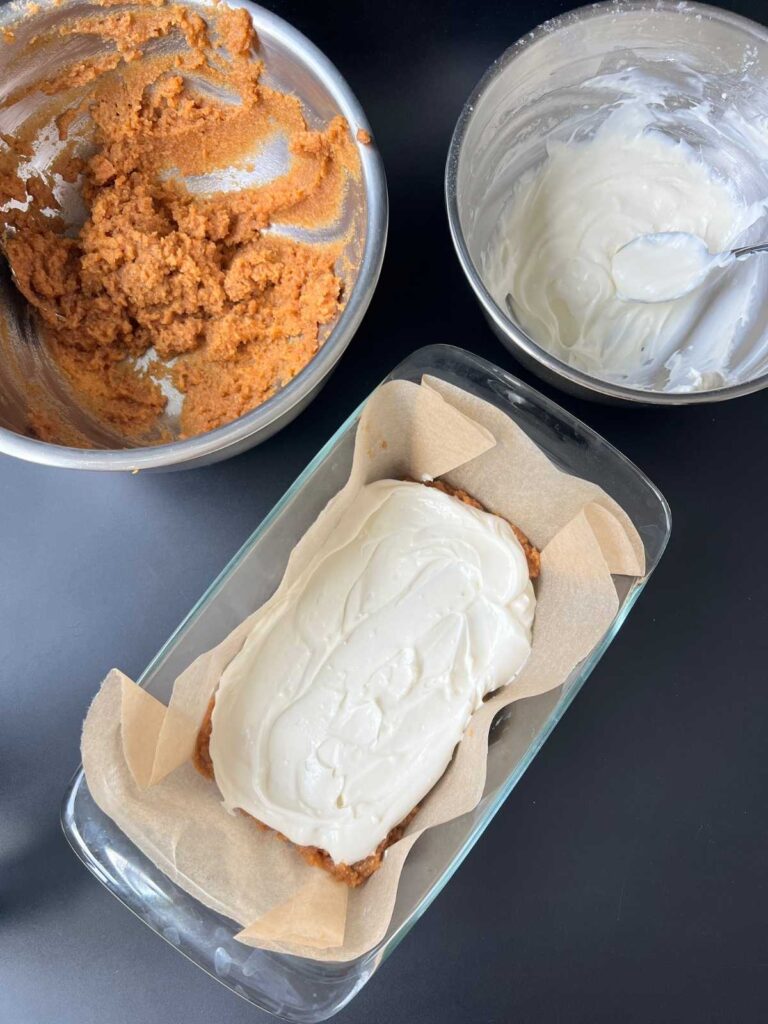 cream cheese filling layered over the pumpkin bread batter