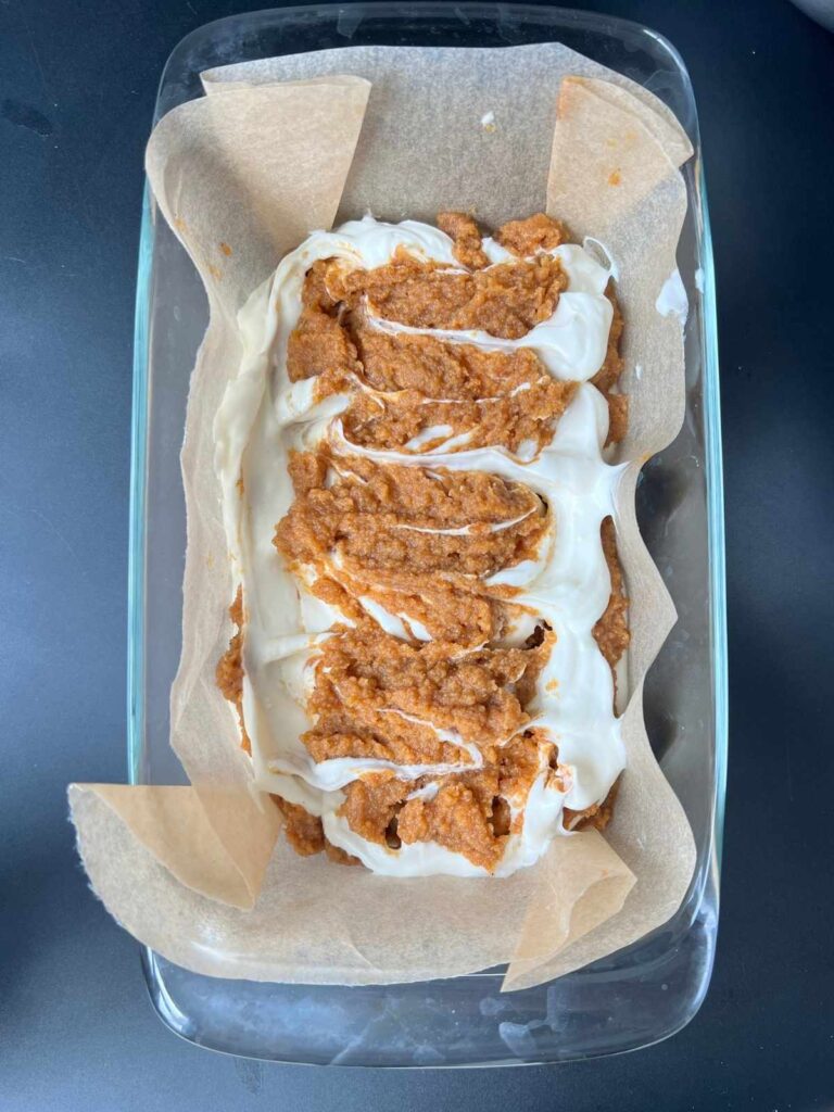the finished pumpkin cream cheese bread before being baked